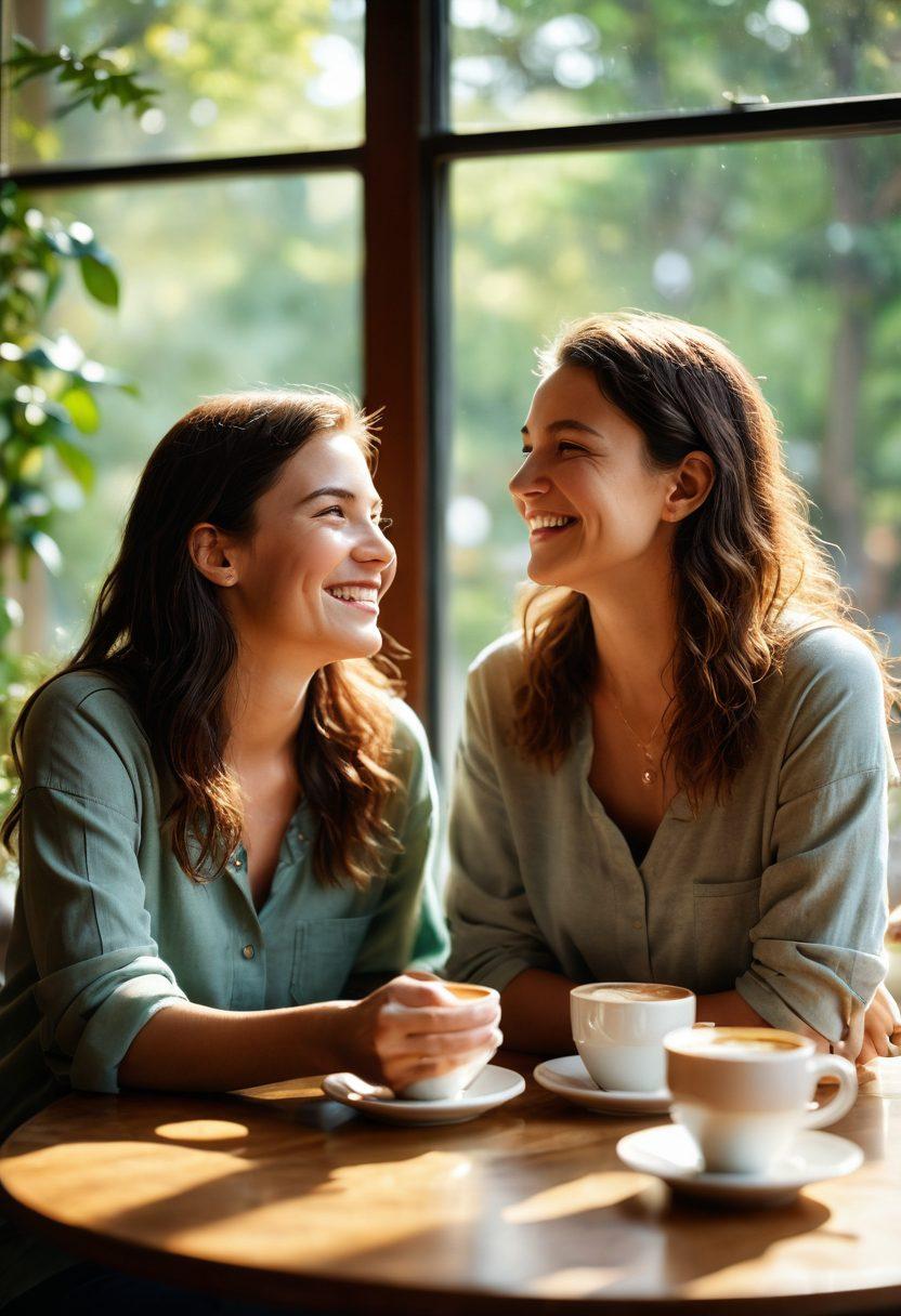 A serene coffee shop scene with two friends engaged in deep, joyful conversation, their expressions full of laughter and connection. Sunlight streams through the window, illuminating their faces and the cozy atmosphere. A steaming cup of coffee on the table signifies warmth and intimacy. A background of greenery outside adds to the blissful vibe. super-realistic. warm colors. soft focus.