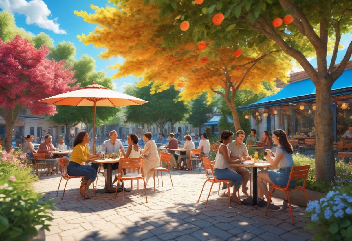 A bright and cheerful scene featuring diverse people engaged in animated conversations at a sunny outdoor café, surrounded by blooming flowers and trees. Include smiling faces and gestures that express joy and connection, with soft, warm sunlight glowing through the leaves, creating a welcoming atmosphere. The background should feature a blue sky with fluffy clouds, evoking a sense of tranquility and happiness. vibrant colors. 3D.