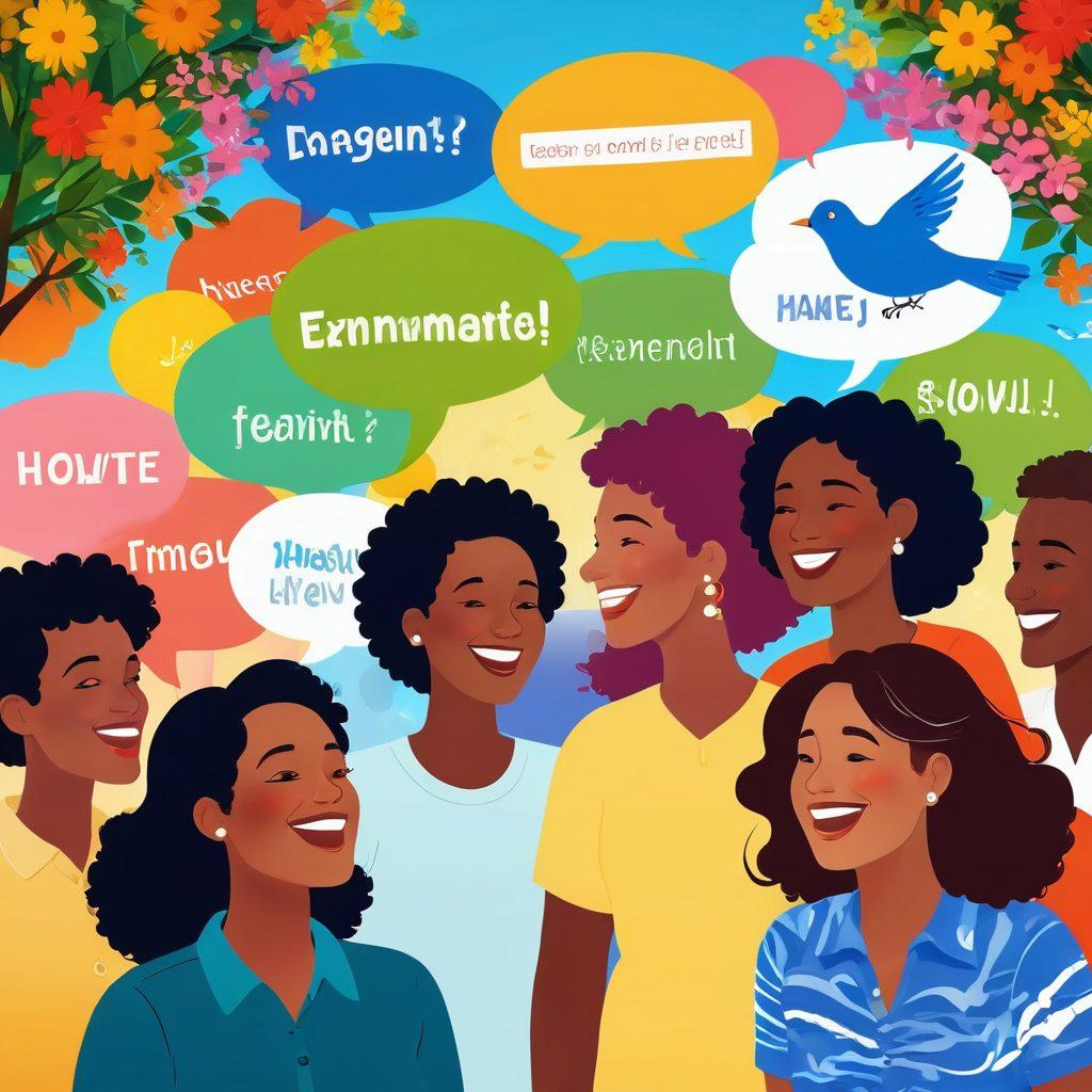 A dynamic illustration of diverse individuals engaged in lively conversations, with vibrant facial expressions and body language conveying joy and connection. Colorful speech bubbles filled with uplifting words and phrases float around them. The background features a sunny park setting with blooming flowers and cheerful birds. Enhance the image with a sense of warmth and positivity. vibrant colors. super-realistic.
